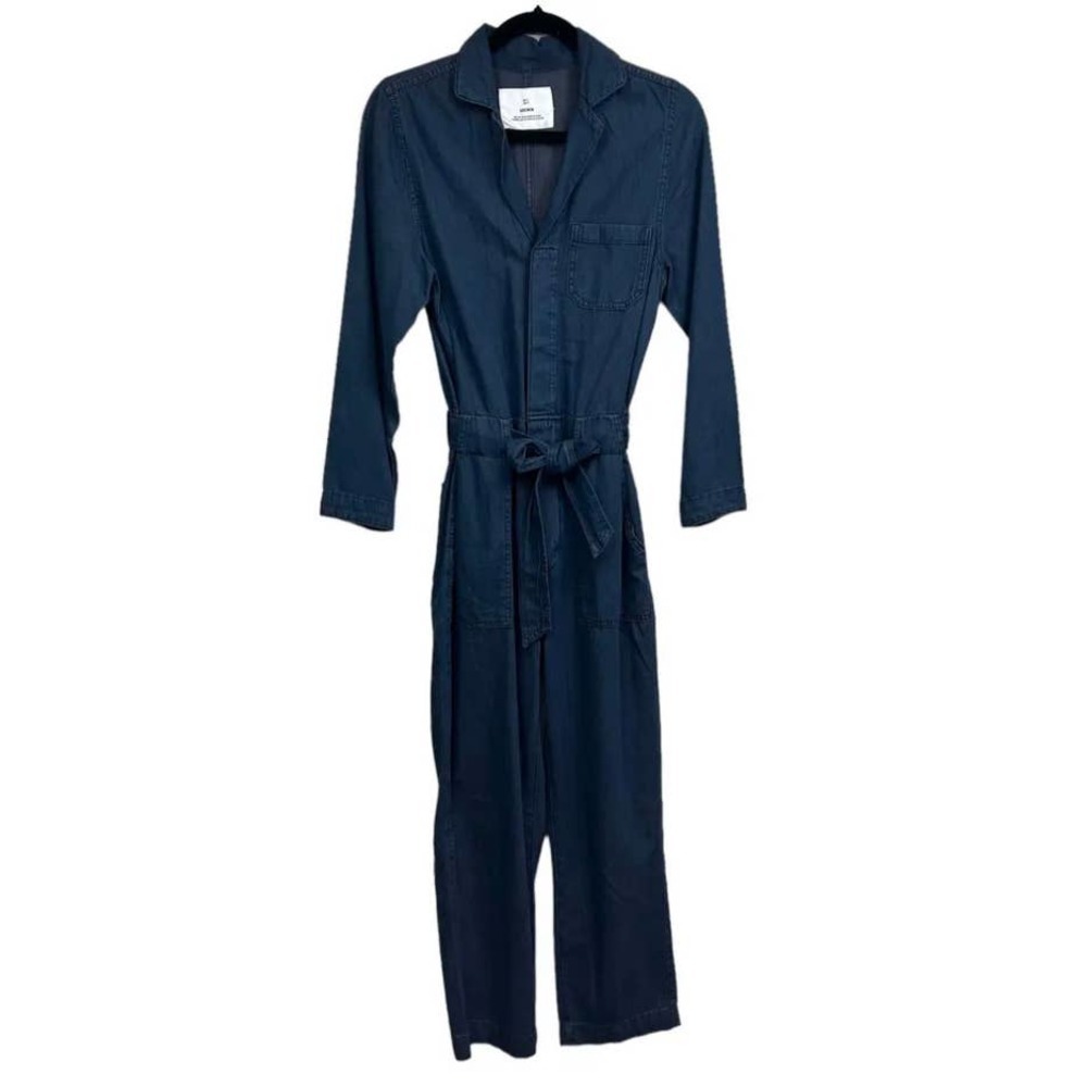 H&M &Denim Jumpsuit Collared Long Sleeve Tie Waist Pocket Blue Women Size 2